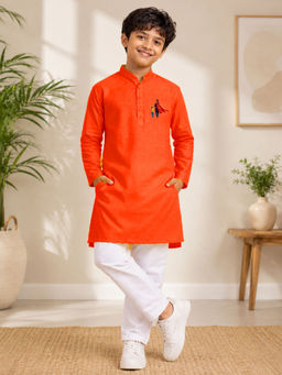 JBN Creation - Boys Orange Pure Cotton Father'S Day Kurta With Pyjama