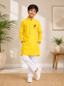 JBN Creation - Boys Yellow Pure Cotton Onam Special Kurta With Pyjama