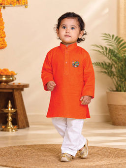 JBN Creation - Boys Orange Pure Cotton Father'S Day Kurta With Pyjama