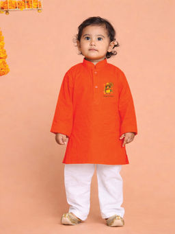 JBN Creation - Boys Orange Pure Cotton Onam Special Kurta With Pyjama
