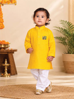 JBN Creation - Boys Yellow Pure Cotton Father'S Day Kurta With Pyjama