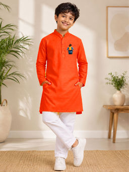 JBN Creation - Boys Orange Pure Cotton Father'S Day Kurta With Pyjama