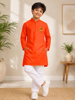 JBN Creation - Boys Orange Pure Cotton Onam Special Kurta With Pyjama