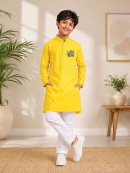 JBN Creation - Boys Yellow Pure Cotton Father'S Day Kurta With Pyjama