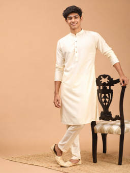 Vastramay - Boys Cream Silk Blend Kurta With Pyjama