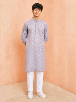 Vastramay - Boys Grey Cotton Jacquard Kurta With Pyjama