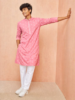 Vastramay - Boys Pink Cotton Jacquard Kurta With Pyjama