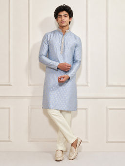 Vastramay - Boys Aqua Silk Blend Jacquard Kurta With Pyjama