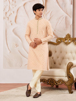 Vastramay - Boys Peach Silk Blend Sequin Jacquard Kurta With Pyjama
