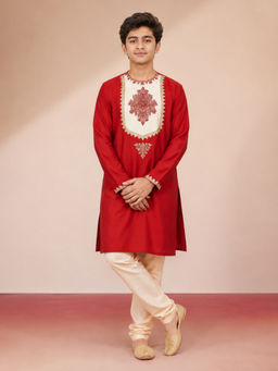 Vastramay - Red Viscose Silk Zari Embroidery Bengali Style Kurta With Pyjama