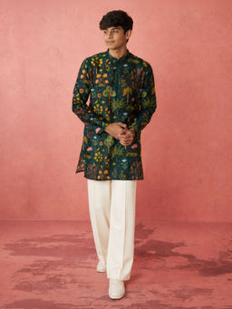 Vastramay - Boys Bottle Green Muslin Digital Print Kurta With Pant