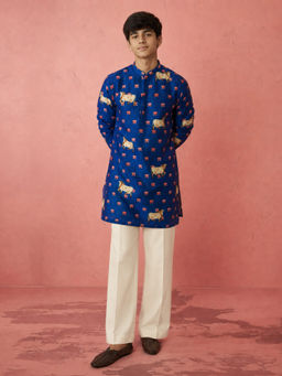 Vastramay - Boys Blue Sequin Print Kurta With Pant