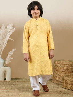 Sanwara - Chic and Classic Boys Printed Light Yellow Cotton Kurta with Salwar (Set of 2)