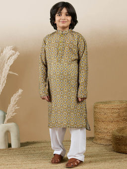 Sanwara - Chic and Classic Boys Printed Mustard Cotton Kurta with Salwar (Set of 2)