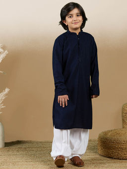 Sanwara - Dapper and Dazzling Boys Embroidered Deep Blue Cotton Kurta with Salwar (Set of 2)