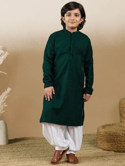 Sanwara - Dapper and Dazzling Boys Embroidered Deep Green Cotton Kurta with Salwar (Set of 2)