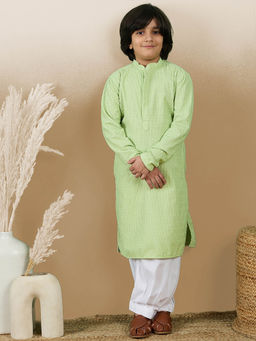 Sanwara - Dapper and Dazzling Boys Embroidered Light Green Cotton Kurta with Salwar (Set of 2)