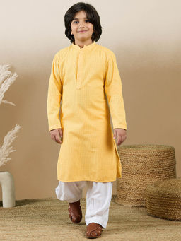 Sanwara - Dapper and Dazzling Boys Embroidered Light Mustard Cotton Kurta with Salwar (Set of 2)