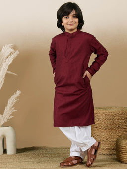 Sanwara - Dapper and Dazzling Boys Embroidered Maroon Cotton Kurta with Salwar (Set of 2)