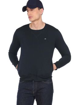 Arrow - Sports Men Navy Blue Solid Crew Neck Sweatshirt