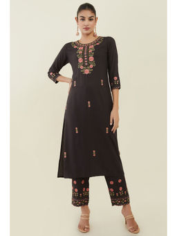Soch - Womens Charcoal Rayon Floral Embroidered Kurta (Set of 2)