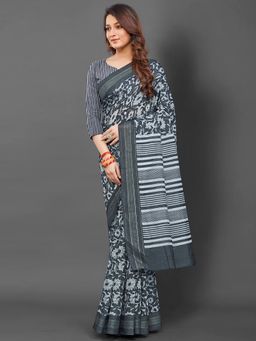 Akhilam - Womens Soft Silk Grey Printed Designer Saree with Unstitched Blouse