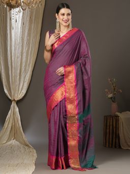 Akhilam - Womens Aura Silk Burgundy Woven Designer Saree with Unstitched Blouse