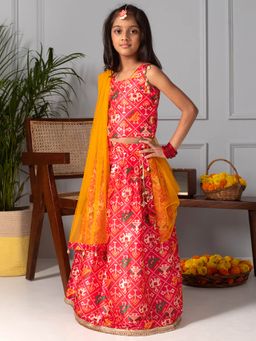 FREE SPARROW - Red Patola Print Lehenga with Delicate Embroidery on Sleeves (Set of 3)