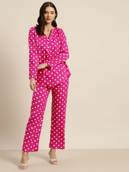 Qurvii - Hot Pink & White Polka Crepe Co-Ord (Set of 2)
