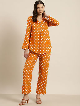 Qurvii - Rust & White Polka Dot Crepe Co-Ord (Set of 2)
