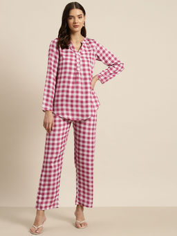 Qurvii - Pink & White Check Crepe Co-Ord (Set of 2)