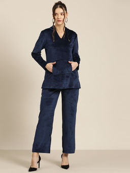 Qurvii - Navy Solid Velvet Fabric With A Front Patch Pocket Co-Ord (Set of 2)