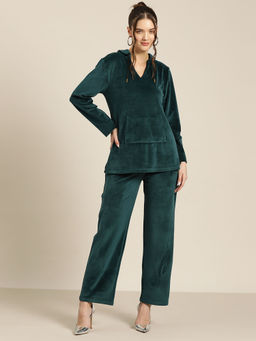 Qurvii - Teal Solid Velvet Fabric With A Front Patch Pocket Co-Ord (Set of 2)