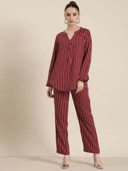 Qurvii - Maroon & White Stripe Crepe Co-Ord (Set of 2)
