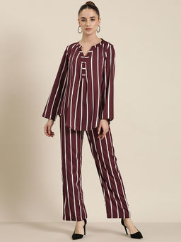 Qurvii - Wine & White Stripe Crepe Co-Ord (Set of 2)