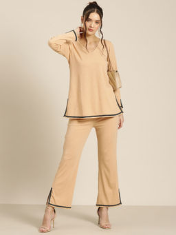 Qurvii - Beige Solid Rib V-Neck Co-Ord (Set of 2)