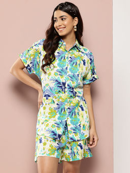 Qurvii - Tropical Print Shoulder Drop Co-Ord (Set of 2)