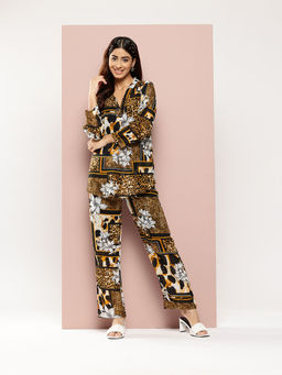 Qurvii - Black & Brown Animal Print V-Neck Co-Ord (Set of 2)