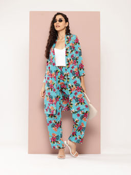 Qurvii - Turquoise Tropical Print Co-Ord (Set of 2)