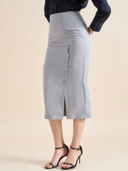 Powersutra - Straight Fit Stretch Longline Button Detail Grey Midi Skirt