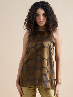 Powersutra - Copper-Brown Polka Dot Pure Silk Halter Neck Top