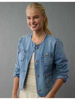 American Eagle - Women Blue Collarless Denim Jacket