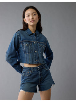 American Eagle - Women Blue Cropped Studded Denim Jacket