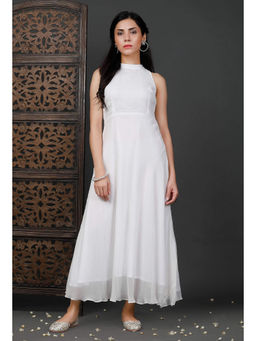 Tjori - White Georgette Dress with Zari Embroidery
