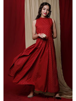 Tjori - Maroon Cotton Printed Anarkali Dress