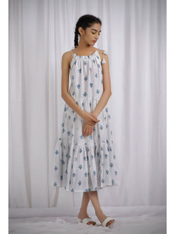 Tjori - Off White Block Printed Cotton Flared Tier Dress