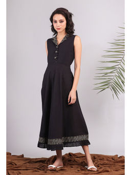 Tjori - Black Midi Shirt Dress with Kantha Embroidery
