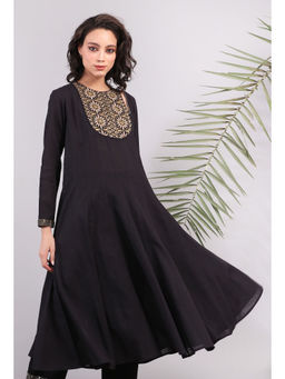 Tjori - Black Flared Kalidar Kantha Kurta Dress