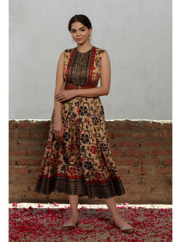 Tjori - Beige Kalamkari Printed Cotton Silk Box Pleated Long Dress (Set of 2)