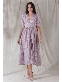 Tjori - White Cotton Block Printed Flared Dress